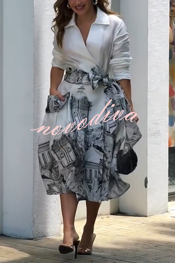 Jiles Linen Blend Unique Contrast Print Long Sleeve Tie-up Pocket Shirt Midi Dress