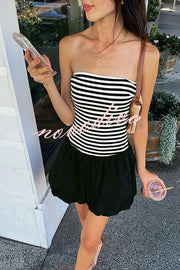 Stripe Print Paneled Pleated Tube Top Mini Dress