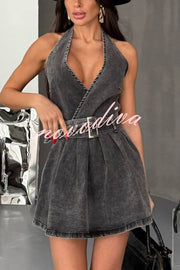 Fashionable Halterneck Open-back Belted Denim Mini Dress