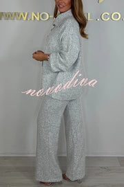 Solid Color Lapel Long-sleeved Loose Top and Elastic Waist Casual Pants Set