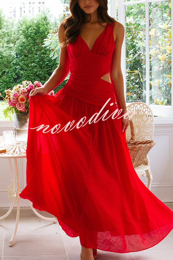 Solid Color V-neck Waist Hollow Slim Maxi Dress