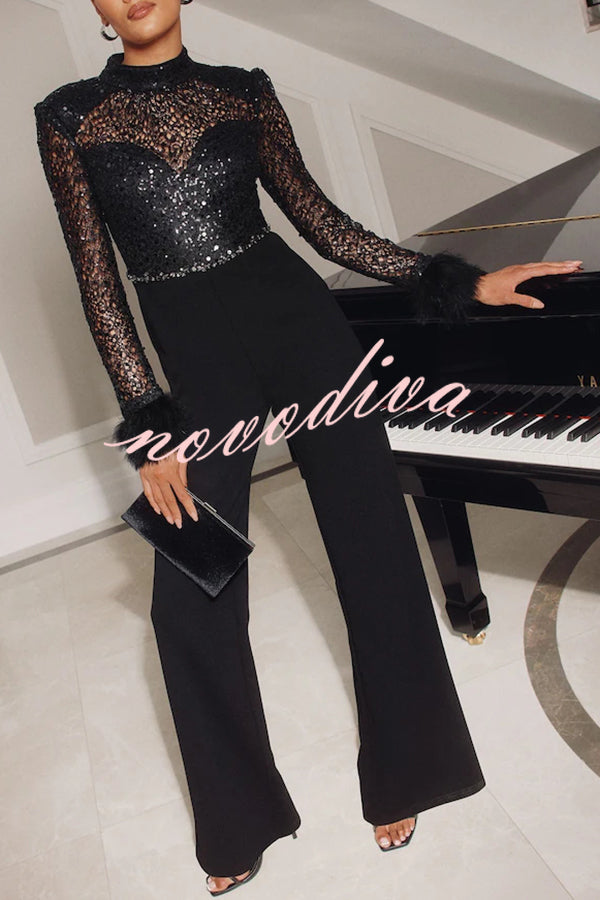Aerie Sequin Embellished Mock Neck Long Sleeve Feather Cuff Flare Jumpsuit