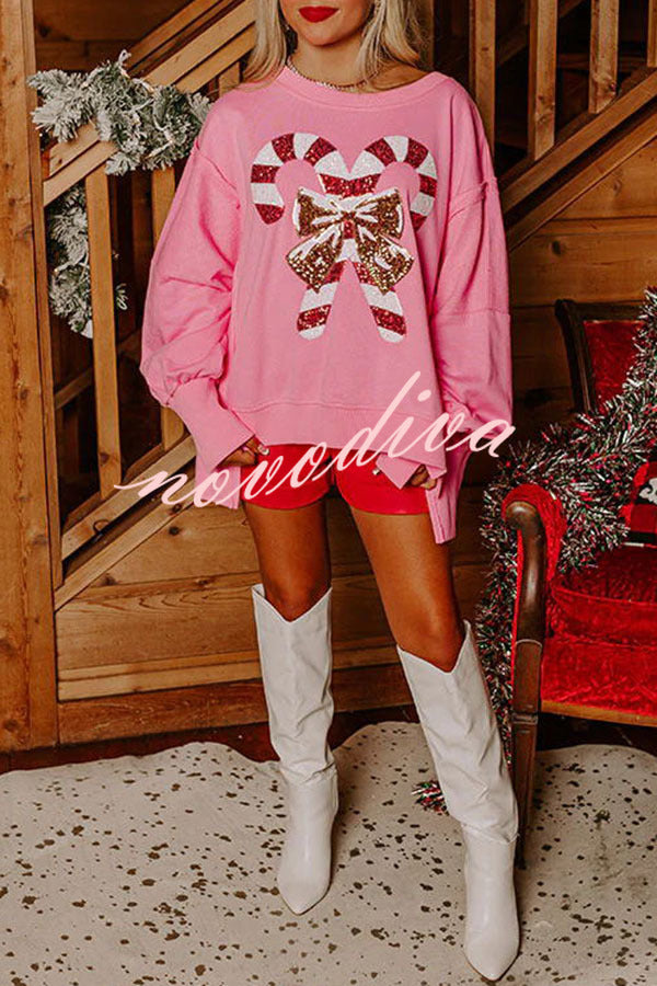 Candy Cane Lane Sequined Pullover Long Sleeved Sweatshirt