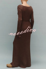 Solid Color V-neck Long-sleeved Slim-fit Elegant Knit Maxi Dress