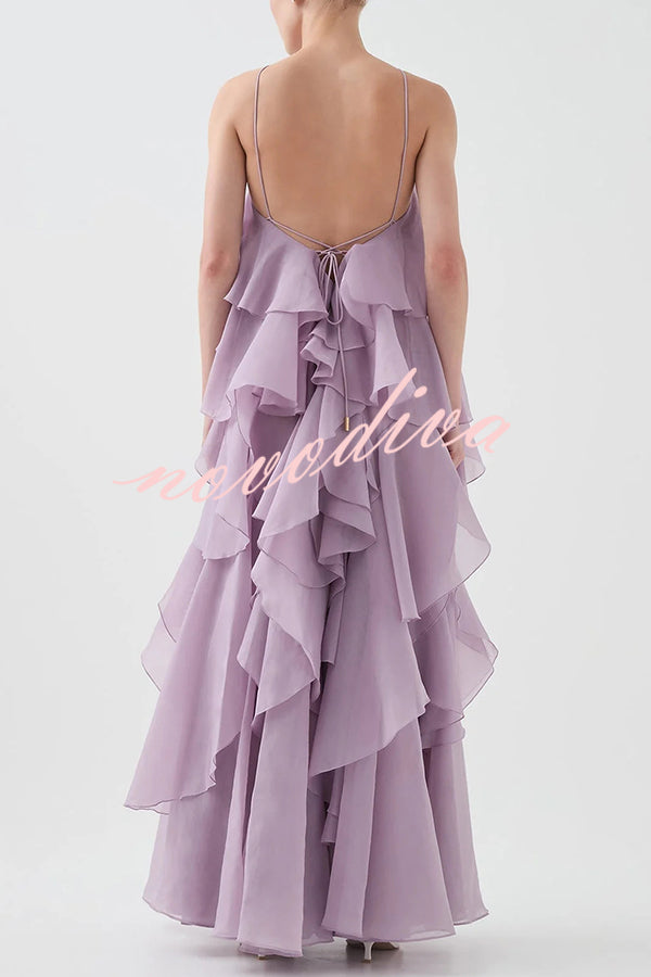 Free - Flowing Rose Detail Tiered Ruffles Halter A-line Maxi Dress