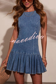 Fashionable Spliced Back Hollow Lace-up Pleated Slim-fit Denim Mini Dress