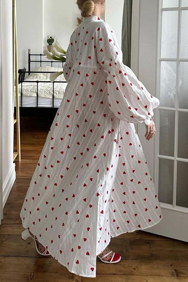 Cute Heart Print Puff Sleeve Loose Shirt Style Maxi Dress