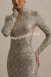 Galaxy Premium Sequin Turtle Neck Long Sleeve Maxi Dress
