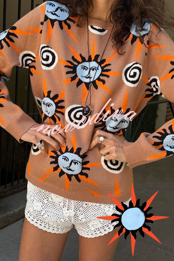 Mediterranean Art Knit Unique Sun Vortex Print Long Sleeve Relaxed Sweater