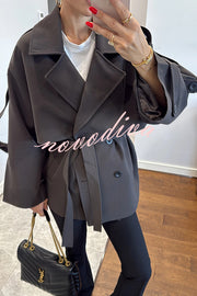 Modern Urban Dropped Shoulder Strap Button Detail Belted Lapel Loose Trench Coat