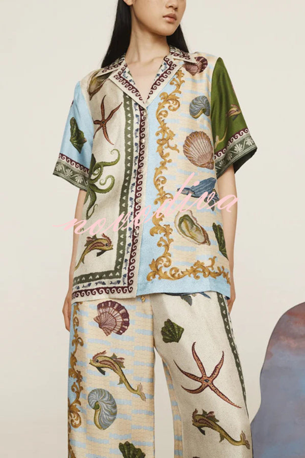 Deep Sea Dreaming Satin Unique Print Short Sleeve Shirt and Elastic Waist Pocketed Pants Set