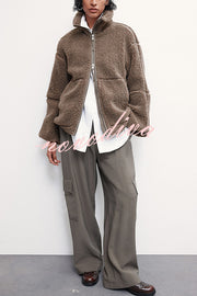 Solid Color Stitching High Collar Long Sleeve Loose Pocket Woolen Coat