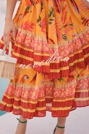 Tropical Sunset Unique Print Pleated Tie-up Straps Tiered Midi Dress