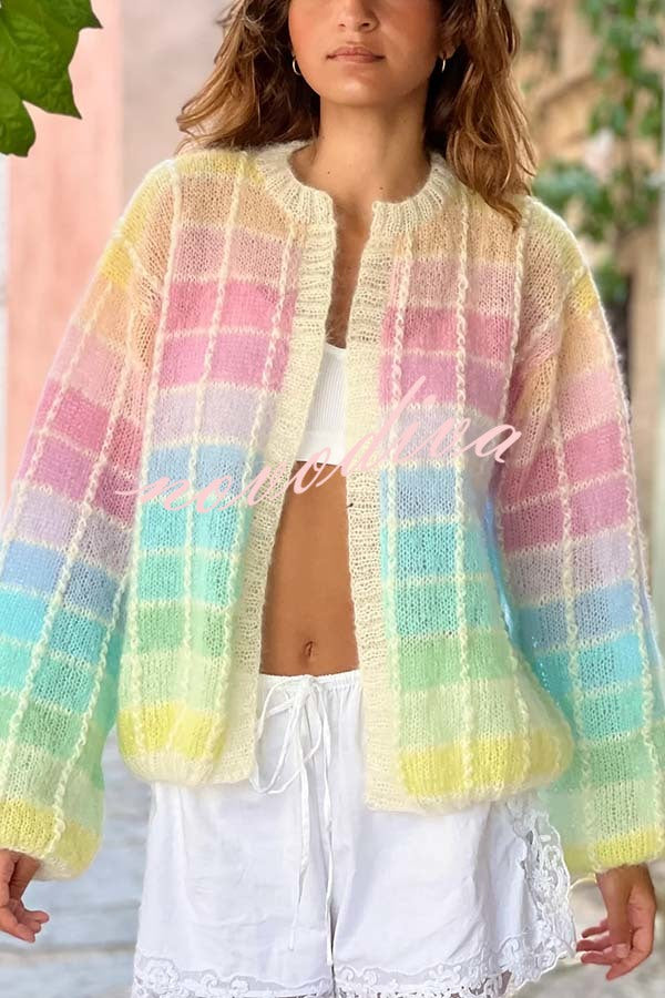 Palette Day Knit Color Blocks Open Front Balloon Sleeve Loose Cardigan