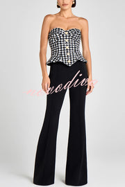 Maya Check Bouclé-tweed Fabric Sweetheart Neck Gold Button Strapless Tank
