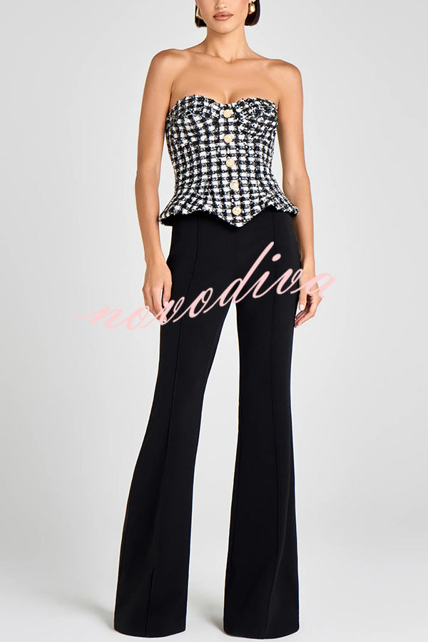Maya Check Bouclé-tweed Fabric Sweetheart Neck Gold Button Strapless Tank