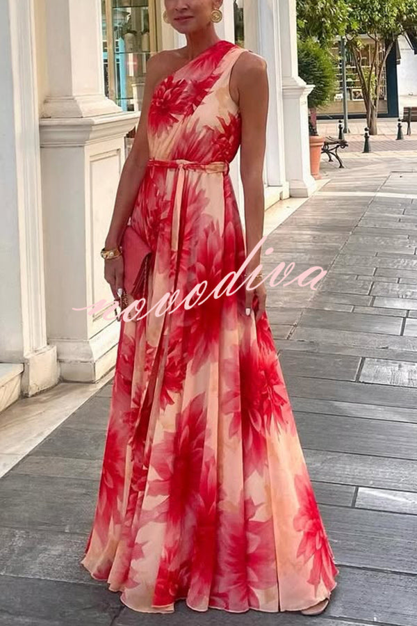 Floral Print One Shoulder Waist Tie Full Hem Resort Style Maxi Dress