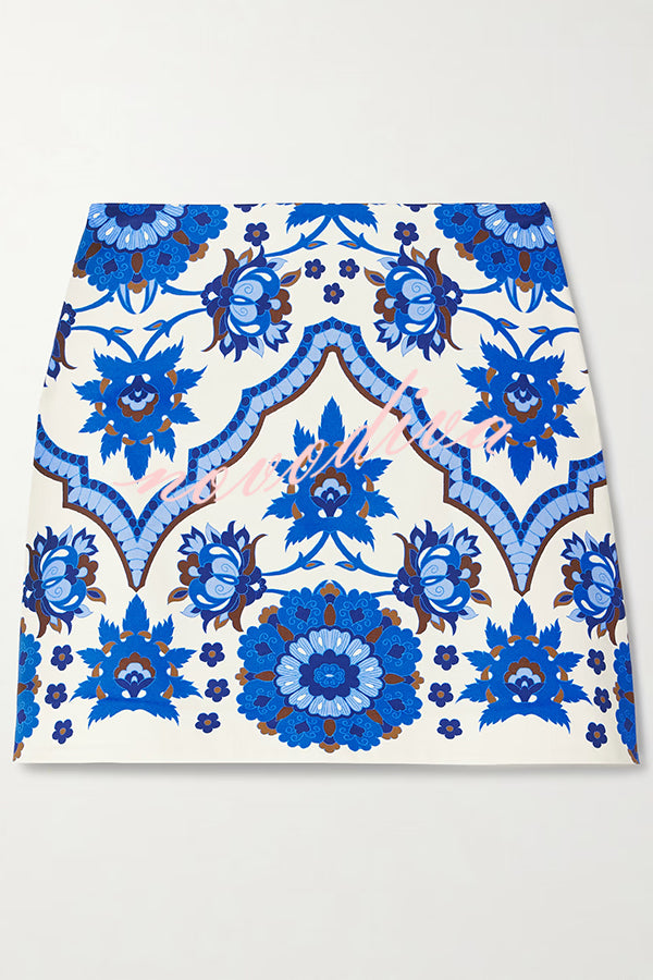 Unique Printed Round Neck Sleeveless Top and Casual Mini Skirt Set