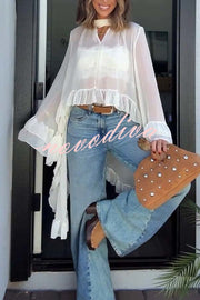 Flowy See-through Ruffle Tie-up Neck Bell Sleeve High-low Hem Cape Shirt