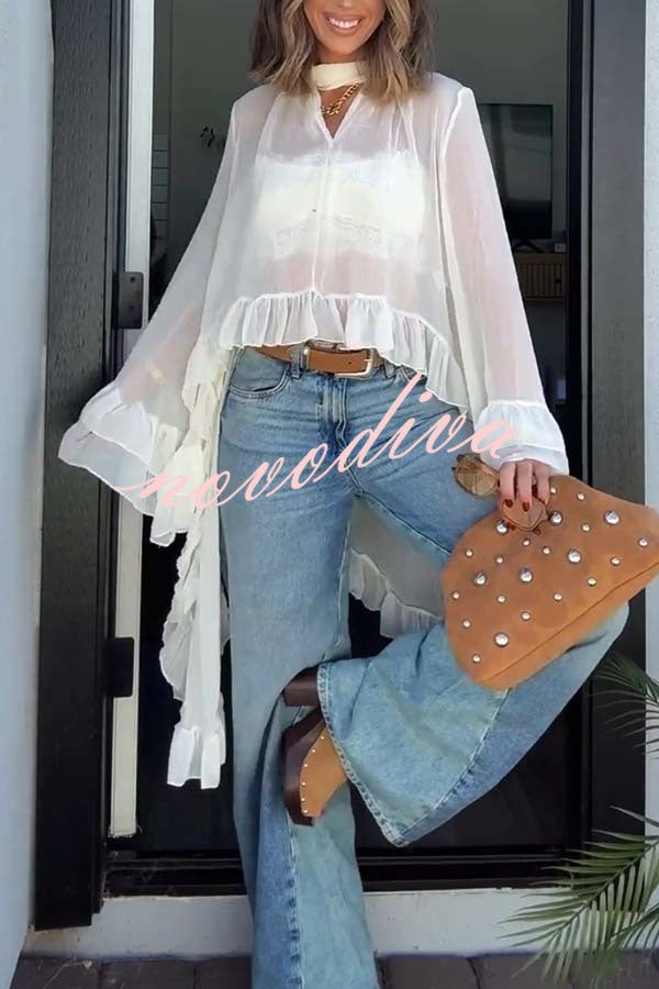 Flowy See-through Ruffle Tie-up Neck Bell Sleeve High-low Hem Cape Shirt