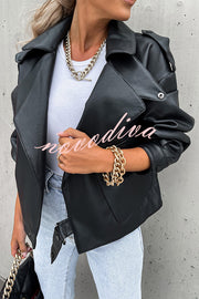 Stylish Leather Lapel Pocket British Style Cropped Jacket