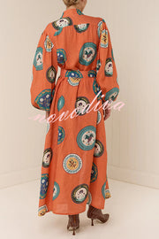 Linen Blend Unique Print Belted Single-breasted Casual Maxi Dress