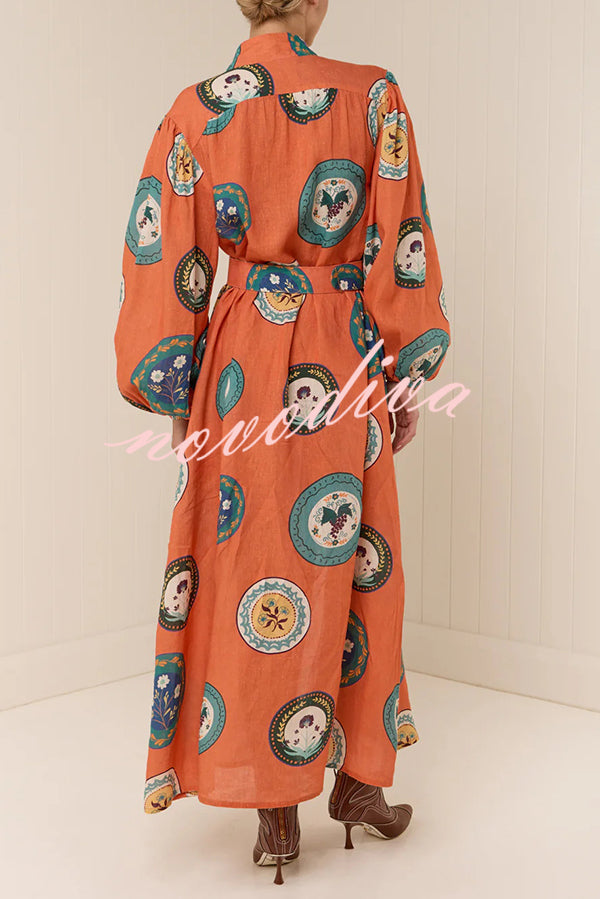 Linen Blend Unique Print Belted Single-breasted Casual Maxi Dress