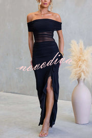 Sexy Mesh Off-shoulder Slim Fit Ruffled Slit Maxi Dress