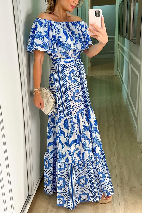 Irene Bohemian Print Off The Shoulder Belted Ruffle Maxi Dress