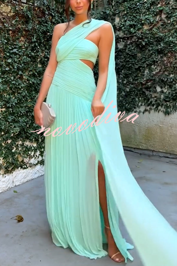 Forest Muse Chiffon Pleated Off Shoulder Cutout Waist Cape Maxi Dress