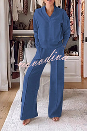 Weather Gets Cold Solid Color V-neck Top and Elastic Waist Pocketed Lounge Pants Set