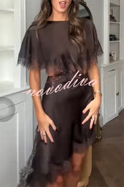 Jessica Satin Lace Trim Cape Sleeves Cutout Waist Asymmetrical Hem Midi Dress