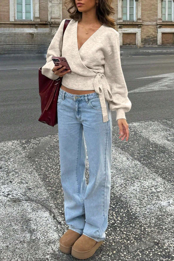 Solid Color Crossover V-neck Tie Elegant Long-sleeved Knit Top