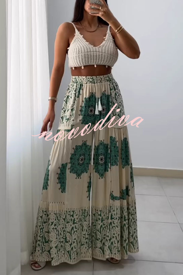 Unique Print Elastic High Waist Tie Pocket Holiday Style Wide Leg Pants