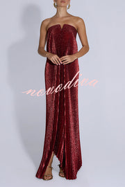 Party Time Pleated Metallic Fabric Off Shoulder Irregular Hem A-line Maxi Dress