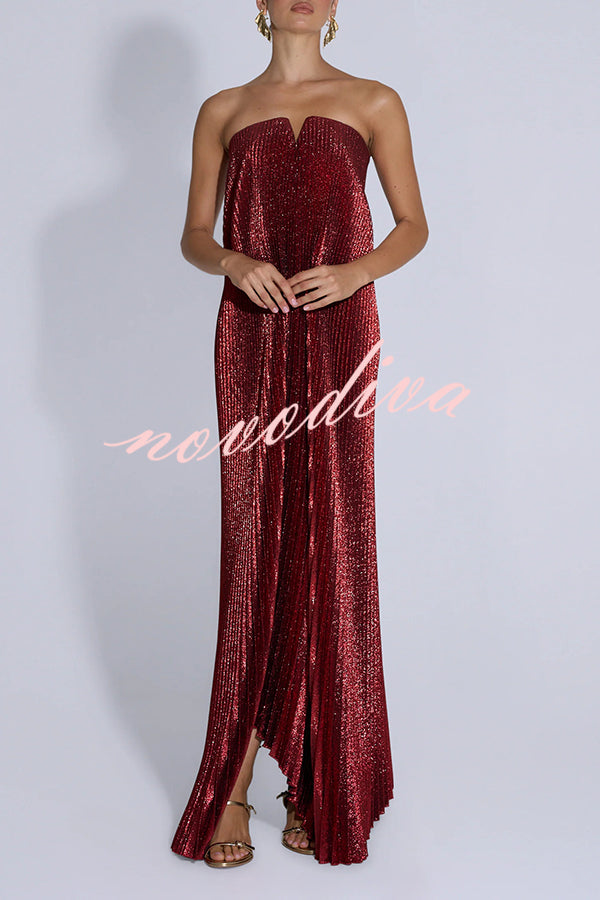 Party Time Pleated Metallic Fabric Off Shoulder Irregular Hem A-line Maxi Dress