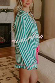 Merry and Bright Satin Striped Color-block Trim Loose Shirt and Elastic Waist Pocket Pajama Set