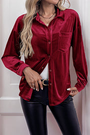 Solid Color Velvet Casual Lapel Pocket Loose Shirt