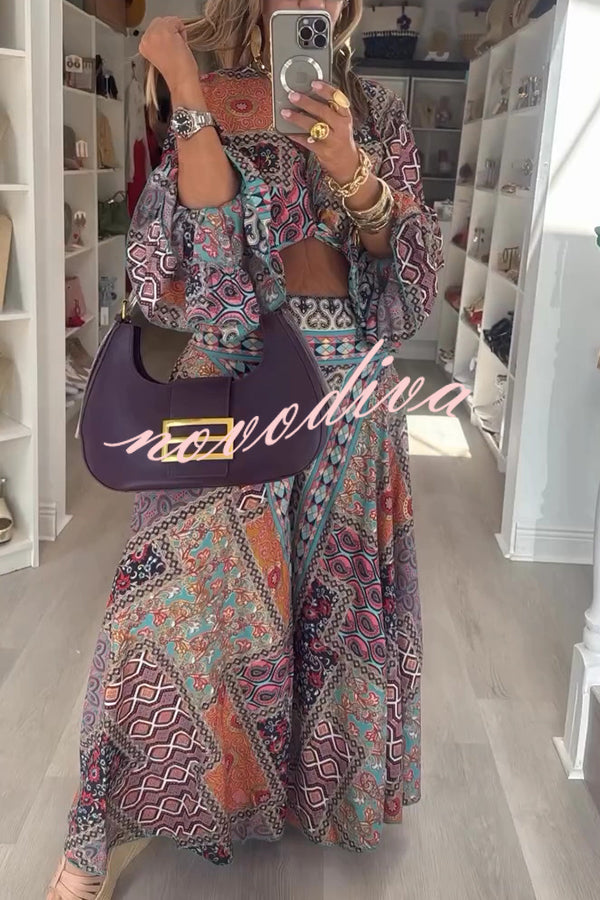 Unique Boho Ethnic Print Balloon Sleeve Crop Top and Elastic Waist Wide-leg Pants Set