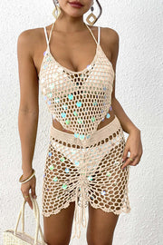 Sexy Halter Neck Sequined Knit Top and Tie-Back Hollow Skirt Cover-up Set