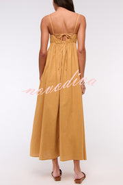 Long Weekend Linen Blend Fun Beaded Shoulder Straps Pocketed Babydoll Maxi Dress