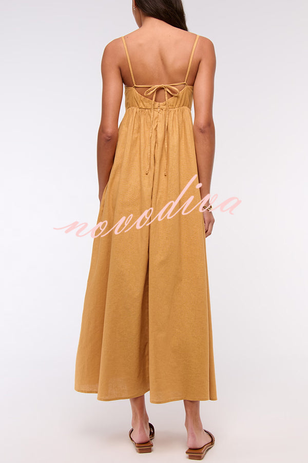 Long Weekend Linen Blend Fun Beaded Shoulder Straps Pocketed Babydoll Maxi Dress
