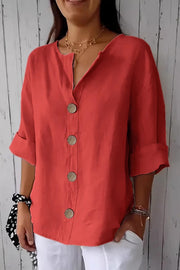 Solid Color V-neck Loose Button Top