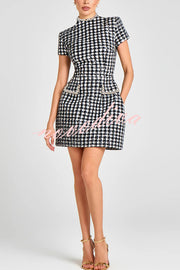 Eve Check Bouclé-tweed Fabric Pearl Trim Short Sleeve Pocketed Mini Dress