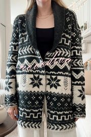 Winter Snowflake Waist Tie Lapel Midi Pocket Knit Cardigan