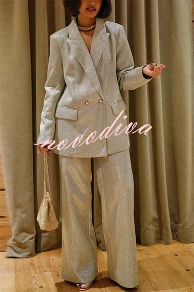 Holiday Queen Glitter Fabric Lapel Boyfriend Blazer and Pocketed Wide Leg Pants Set