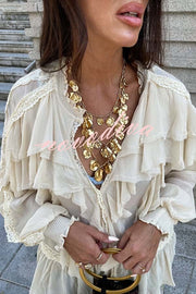 Autumn Boho Chiffon Lace Trim Ruffle Balloon Sleeve Blouse