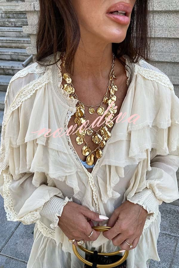 Autumn Boho Chiffon Lace Trim Ruffle Balloon Sleeve Blouse