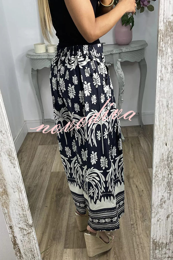 Unique Print Elastic Waist Loose Pocket Holiday Wide Leg Pants