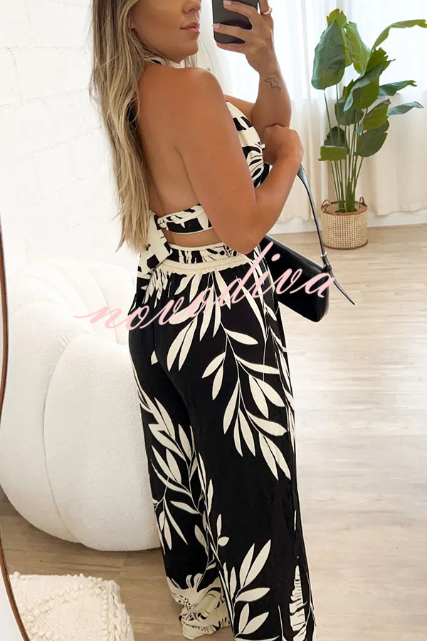 Botanical Print Halterneck Crop Top and Casual High-waist Wide-leg Pants Set
